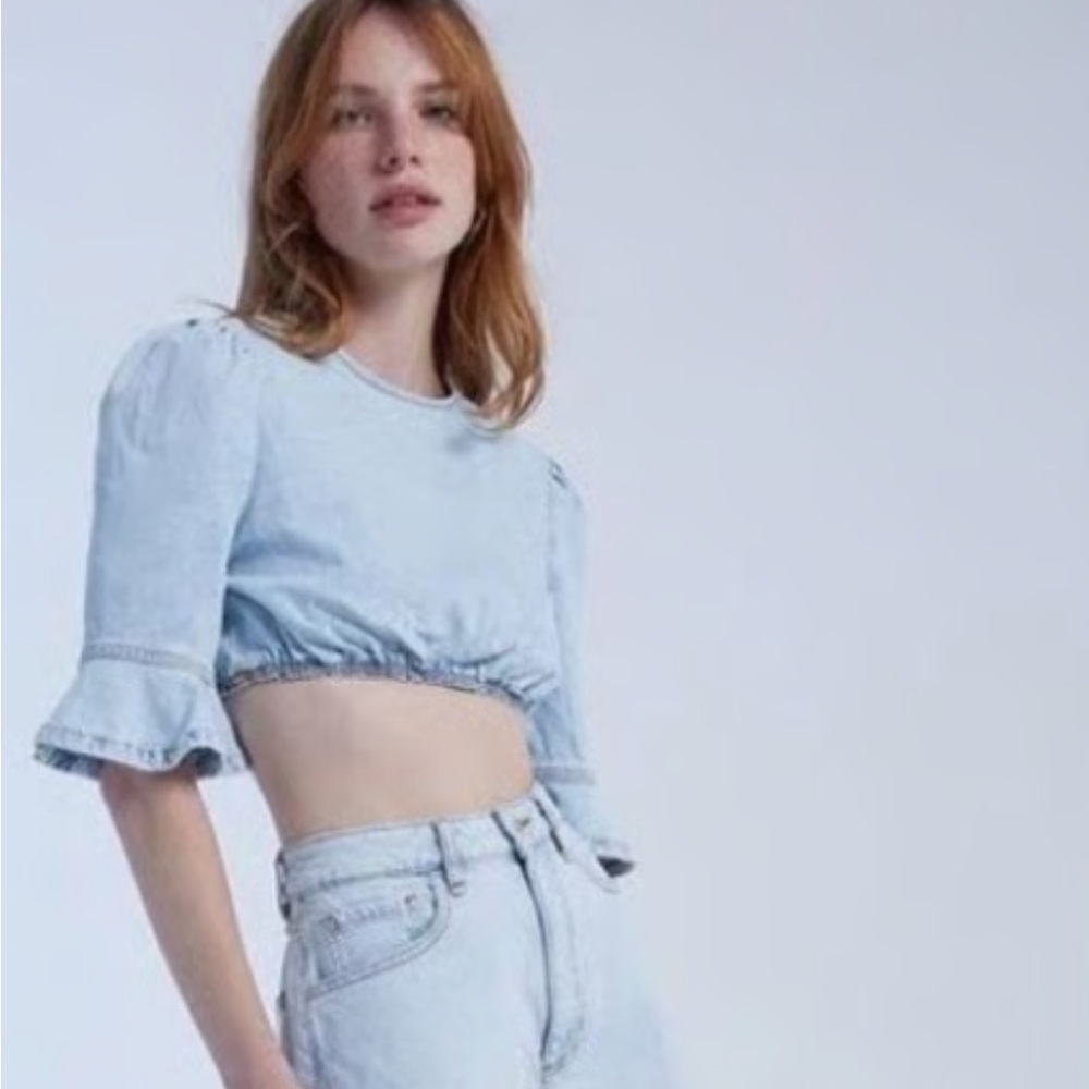 NWOT WeWoreWhat Sky Blue Ruffle Jean material Sleeve Crop Top from Revolve